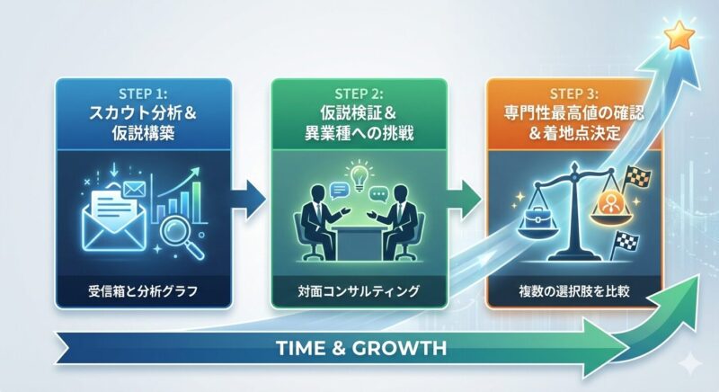 ビズリーチ、JAC、コトラを段階的に活用する「三位一体転職戦略」のタイムラインフロー図。