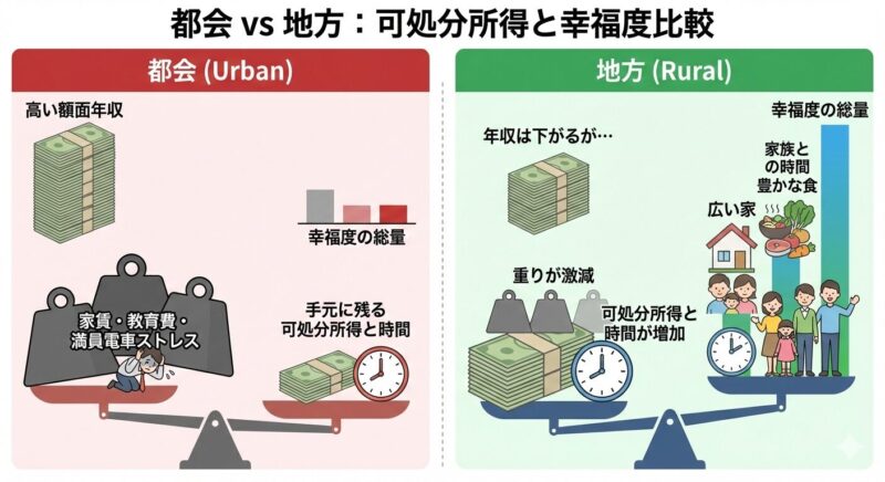 都会と地方における、額面年収ではなく「実質可処分所得と生活の質(QOL)」の比較図。