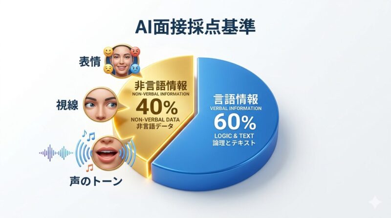 AI面接における評価アルゴリズムの内訳。言語情報6割、非言語情報4割という最新のスコアリング基準の図解。