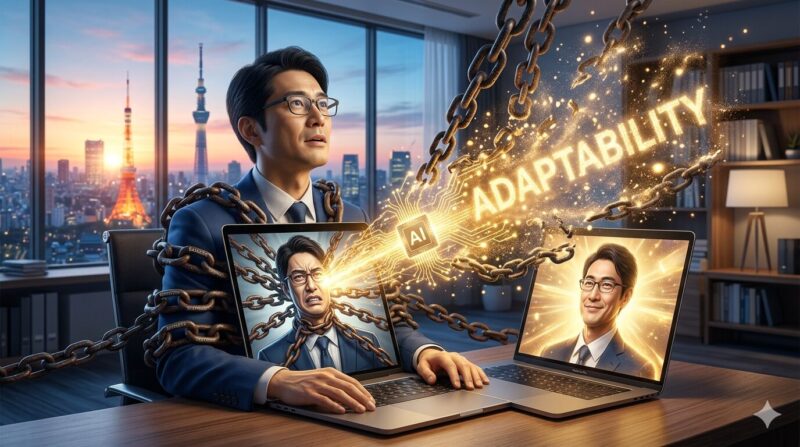 40代銀行員がAI面接の非言語評価（表情・視線）をハックし、IT企業の内定を勝ち取る戦略的イメージ。