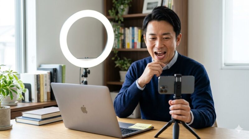 AI面接を突破するために表情と声のトーンを矯正する40代銀行員のトレーニング風景。