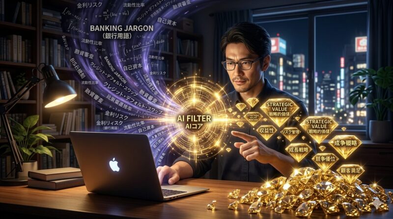 40代銀行員が生成AIを活用して職務経歴書をリライトし、AI選考（ATS）を突破するイメージ。