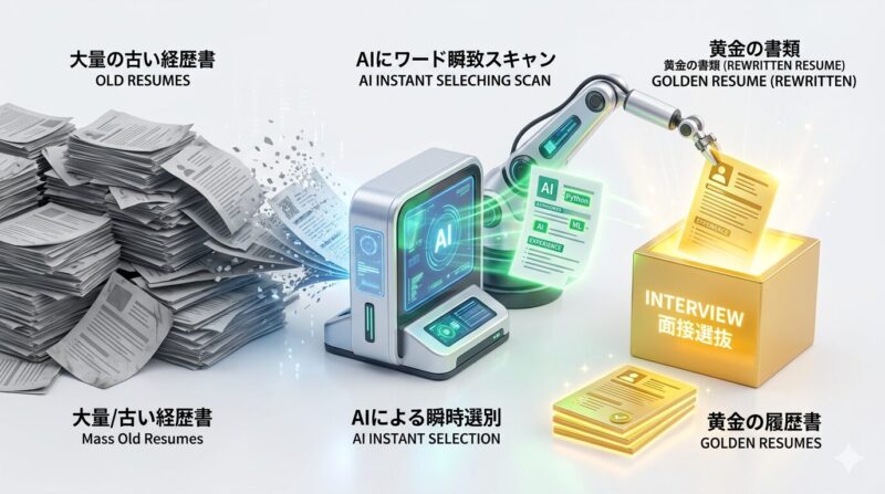 企業の採用管理システム（ATS）が大量の応募書類から特定のキーワードを抽出して選別する仕組みの図解。