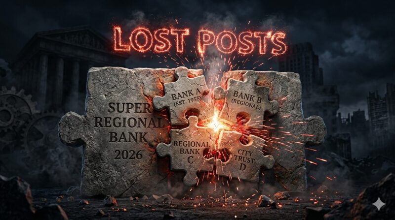 地銀再編による「1県1行」化がもたらす本部機能の集約と、ミドル層のポスト喪失リスクの図解。