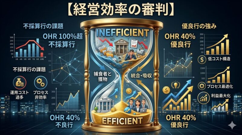 オーバーヘッド・レシオ（OHR）による地銀の生存適格性の選別を示す視覚的メタファー。