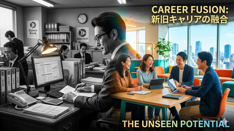 40代銀行員が会社を辞めずに副業コンサルタントとして市場価値を試す、デュアルキャリアの象徴的なイメージ。