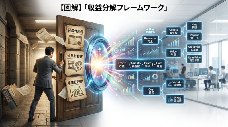 銀行の決算分析スキルをケース面接の収益分解に転用するロジックツリーの図解。