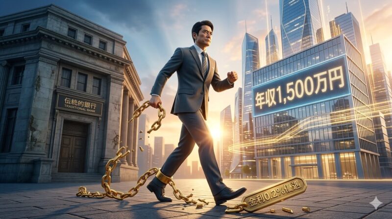 40代銀行員が住宅ローン優遇の呪縛を解き、ハイクラス転職による生涯資産の最大化を目指すイメージ。