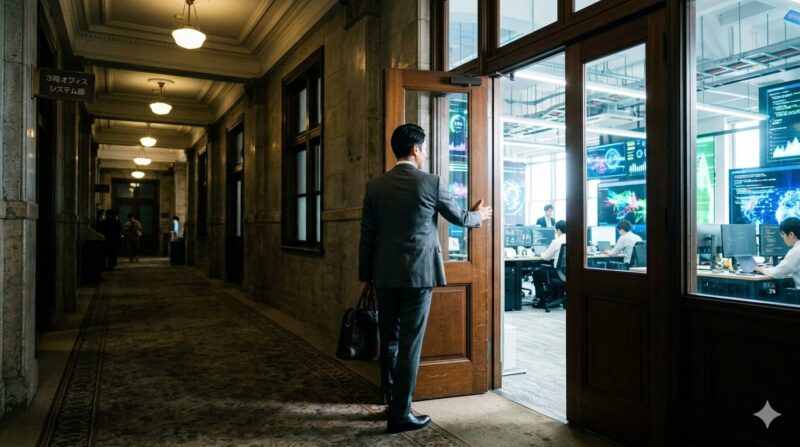 地銀員がバーティカルSaaS業界という新しいキャリアへ踏み出すイメージ。