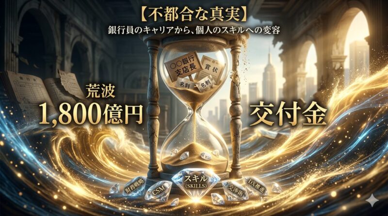 組織の看板や世間体が過去のものとなり、個の市場価値が問われる時代の視覚的メタファー。