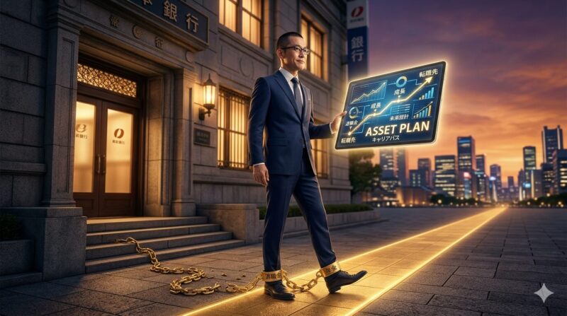 40代銀行員が退職金や企業年金の不安を乗り越え、ハイクラス転職による資産防衛を選択するイメージ。