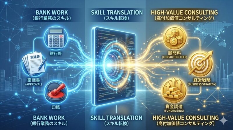 銀行員の日常業務が、社外では高単価なコンサルティングメニューへと変換される仕組みの図解。