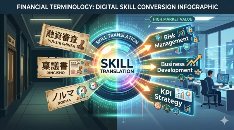 銀行実務をSaaSスキルへ変換する「資産翻訳」の対応表。