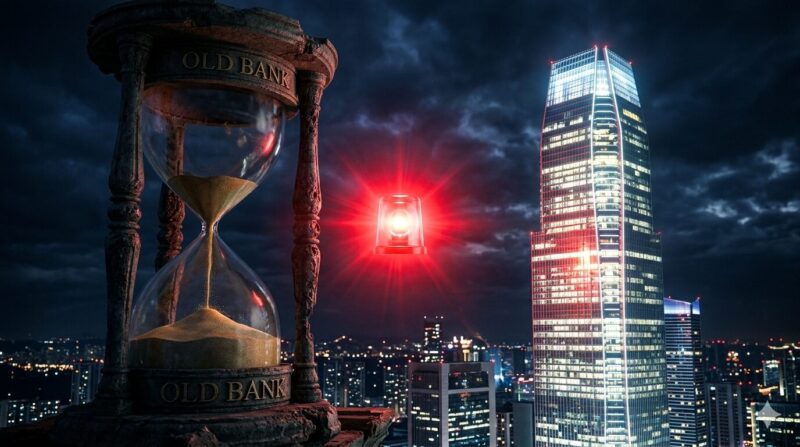 地銀の安定が過去のものとなり、新たな市場へ移動することの必要性を示す視覚的メタファー。