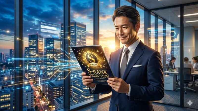 40代銀行員がビズリーチのアルゴリズムをハックし、Sランクヘッドハンターからスカウトを獲得する戦略的イメージ。