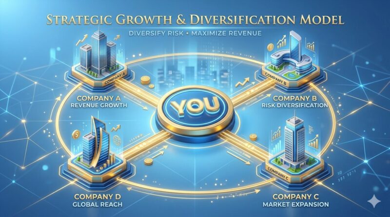 複数のクライアントを持つことでキャリアの安定性と収益を最大化する、フラクショナルという働き方の仕組み図。