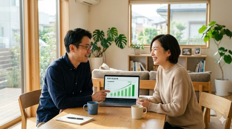 40代銀行員が最新データを用いて配偶者と将来のキャリアプランを共有し、円満な合意形成を行うイメージ。