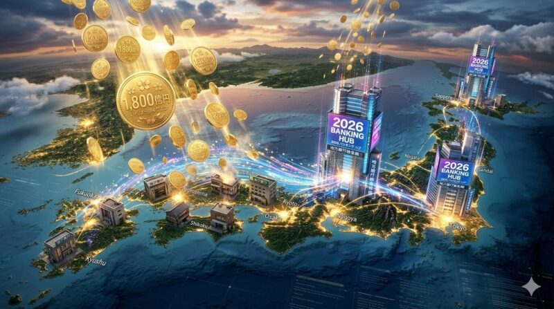 1,800億円交付金によって加速する日本全国の地方銀行再編と、新時代の金融集約を象徴するイメージ。