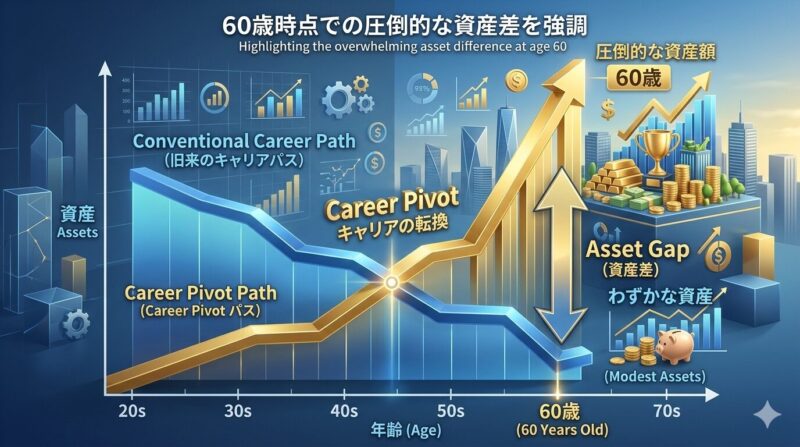 地銀残留とハイクラス転職における、60歳時点での総手元資金の差を示す生涯収支シミュレーション図解。