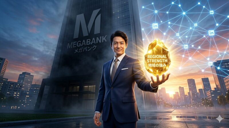 40代の地方銀行員がLinkedInでメガバンク出身者と差別化し、自身の市場価値を証明するイメージ。