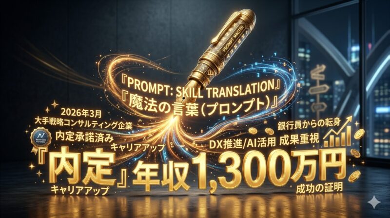 適切なAIプロンプトを用いることで、銀行員のキャリアがハイクラス転職へ直結することを示すメタファー。