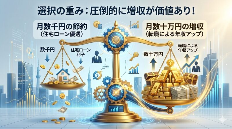 住宅ローンの利息増加分と、転職による年収アップ幅を比較した損益分岐点の視覚的図解。