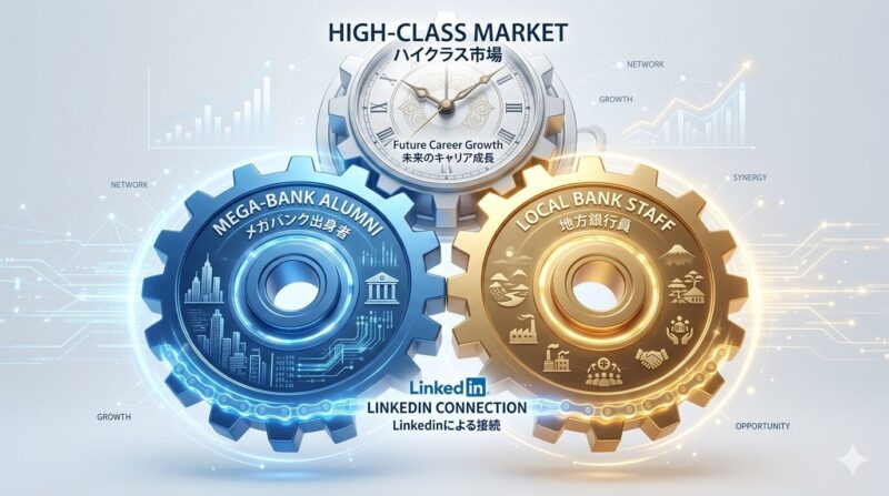 メガバンクのネットワークを活用し、自身の専門性を市場に広く知らしめるハイブリッド戦略のイメージ。