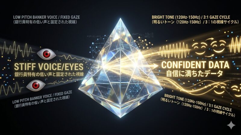 AIのアンテナに好評価される視線誘導と音声周波数のチューニングプロセスの図解。