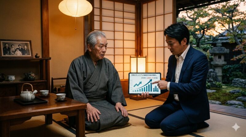 40代銀行員が最新の経済データを用いて保守的な両親に転職の必要性を説得し、理解を得るイメージ。