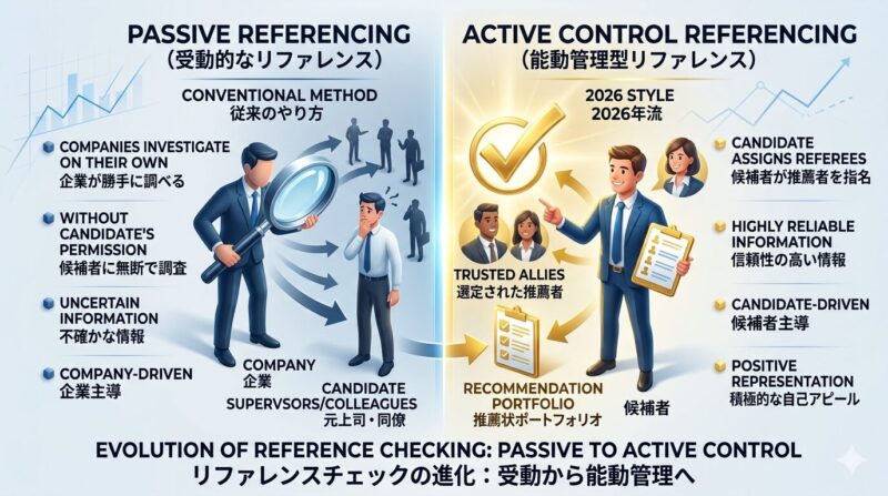 企業主導の調査ではなく、候補者が自ら推薦人を指名してリファレンスチェックをコントロールする戦略の図解。
