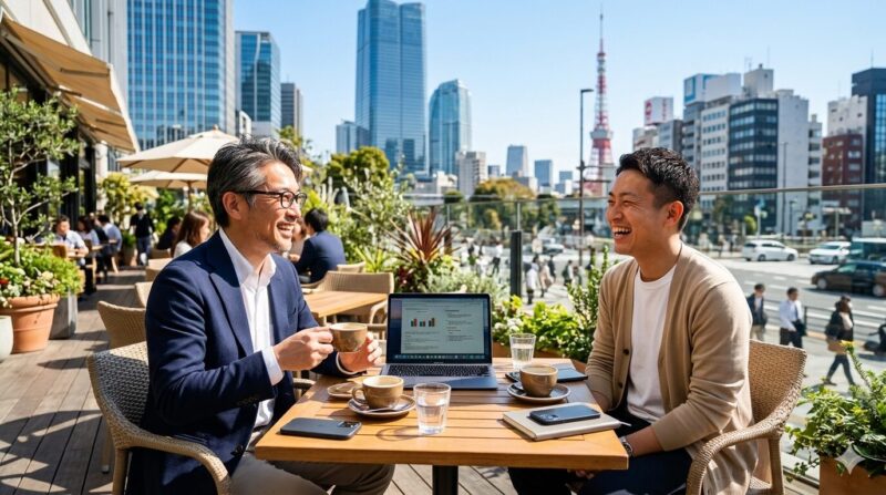 組織を飛び出し、フラクショナル・バンカーとして活躍する先輩と後輩の実体験に基づいたキャリア相談の風景。