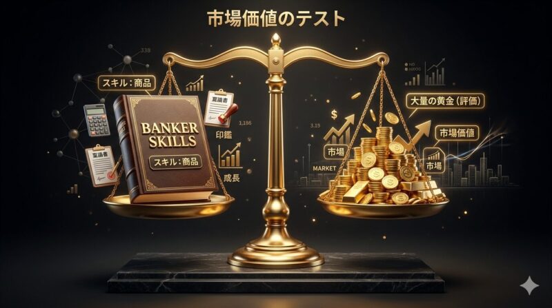 副業を通じて自分のスキルを市場の天秤にかけ、本当の市場価値を確認するプロセスの視覚的表現。