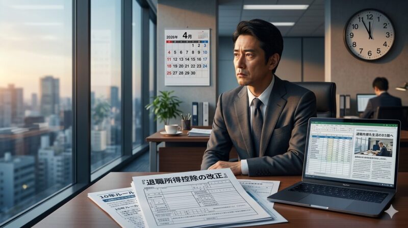 2026年1月からの退職所得課税「10年ルール」改正に直面し、将来を考える40代の日本人銀行員
