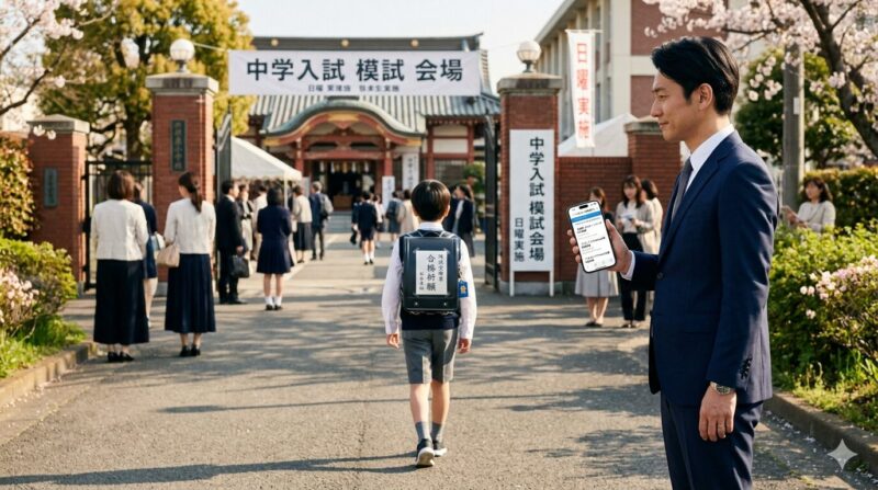 40代銀行員が中学受験を控えた子供の将来と自身のキャリアチェンジを重ね合わせるイメージ。