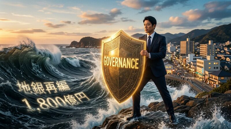 地方銀行員がM&A後の企業を不祥事から守るガバナンスのプロとして立ち上がるイメージ。