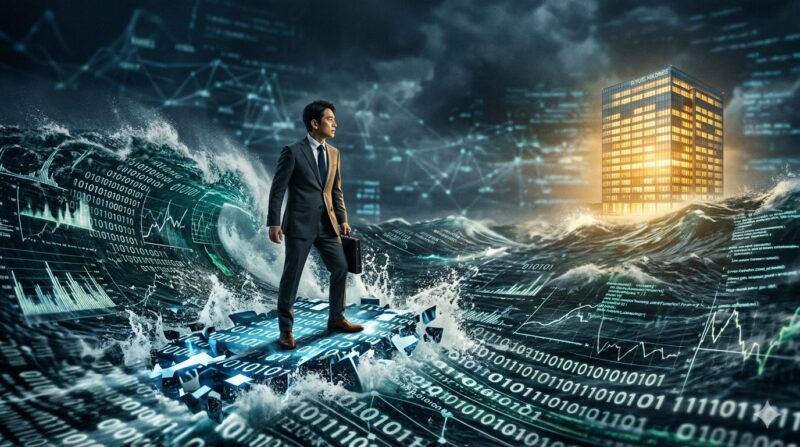 銀行員からIT業界へ転職し、スピード感のギャップに悩む40代男性が、正しい習慣で克服を目指すイメージ。