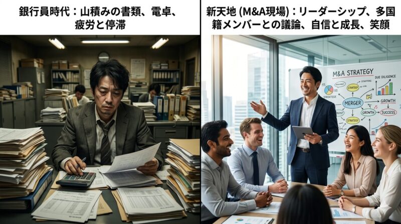 銀行員からM&A・PMIの専門家へと転身し、活き活きと働く40代男性。