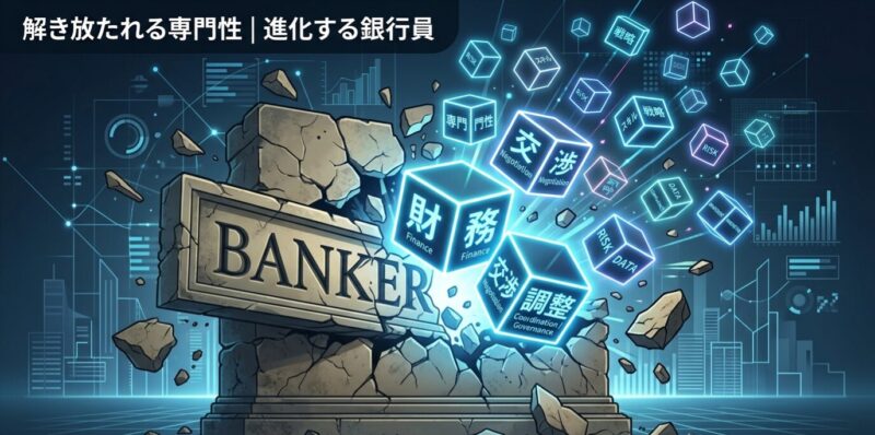 銀行員という肩書き（鎧）の下に隠された、市場価値の高い専門スキル群の図解。