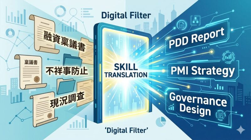 銀行員の融資審査スキルをM&AのPMIスキルへ変換する「資産翻訳」の図解。