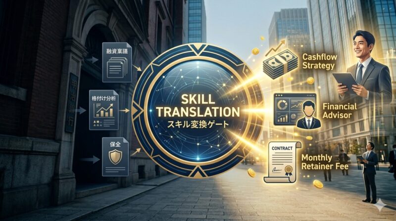 銀行員の実務スキルを中小企業の顧問サービスへ変換する「資産翻訳」の図解。