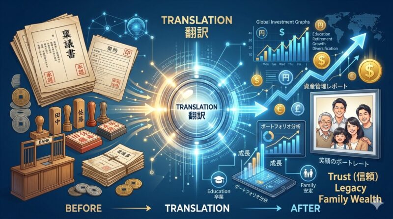 銀行の古い稟議書や印鑑の山が、現代的な資産管理レポートやグローバルな投資グラフ、そして一族の笑顔のポートレートへと「翻訳」されていくインフォグラフィック。