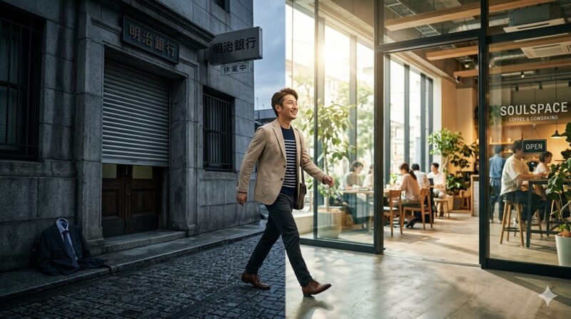 2026年の地銀再編期に、伝統的な銀行からデジタルの世界へと踏み出す40代男性。