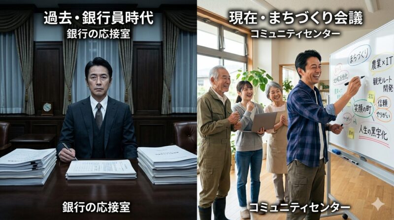 銀行員時代のプライドを捨て、地域の現場で住民と共に汗を流す元銀行員のアドバイザー。