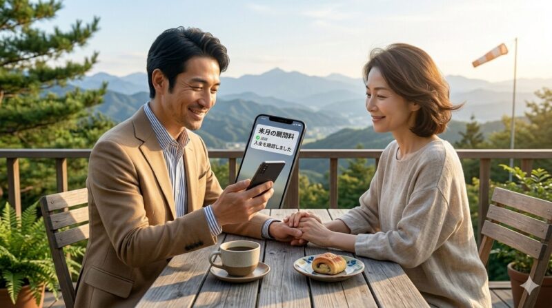 副業収入による心の余裕が、家族の幸福と自身のキャリアの自由をもたらした成功イメージ。