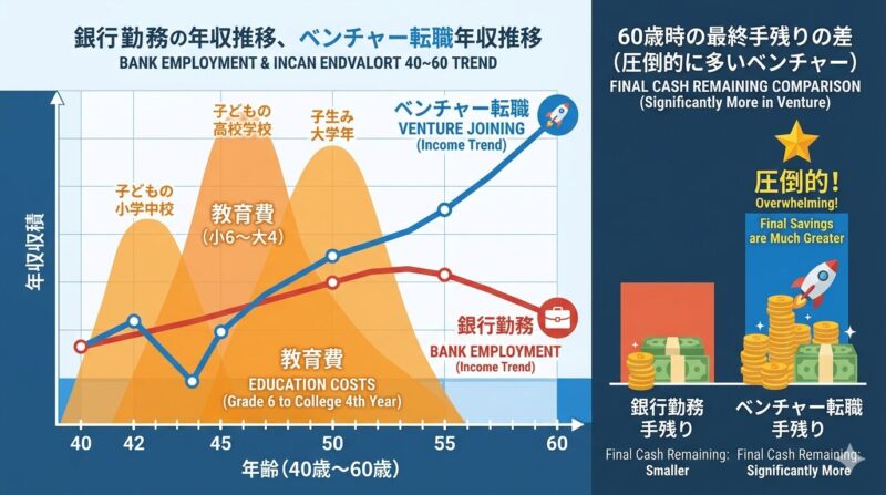 銀行残留とベンチャー転職の生涯年収と教育費ピークの比較シミュレーション。