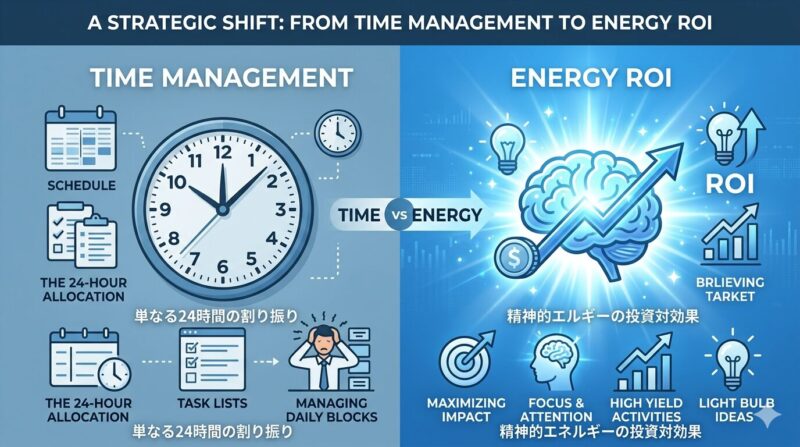 IT業界で適応障害を防ぐための、エネルギーROI（投資対効果）という新しい思考法の図解。