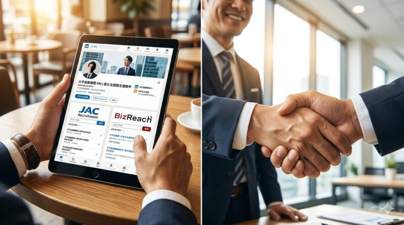 40代銀行員がハイクラスエージェントを活用してファミリーオフィス求人を獲得するイメージ。