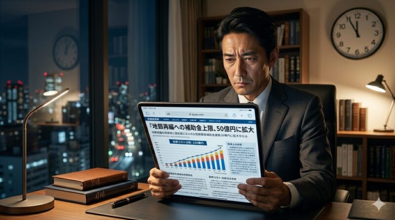 改正金融機能強化法による「補助金上限50億円」のニュースをタブレットで確認し、危機感を抱く銀行員。