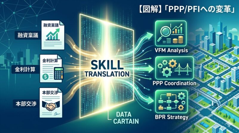銀行員の実務経験（審査・調整・事務）が自治体の専門スキルへ変換される「資産翻訳」の図解。