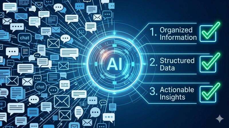 Slackの膨大な情報をAIが要約し、銀行員が即座にアクションに移せるように整理する図解。